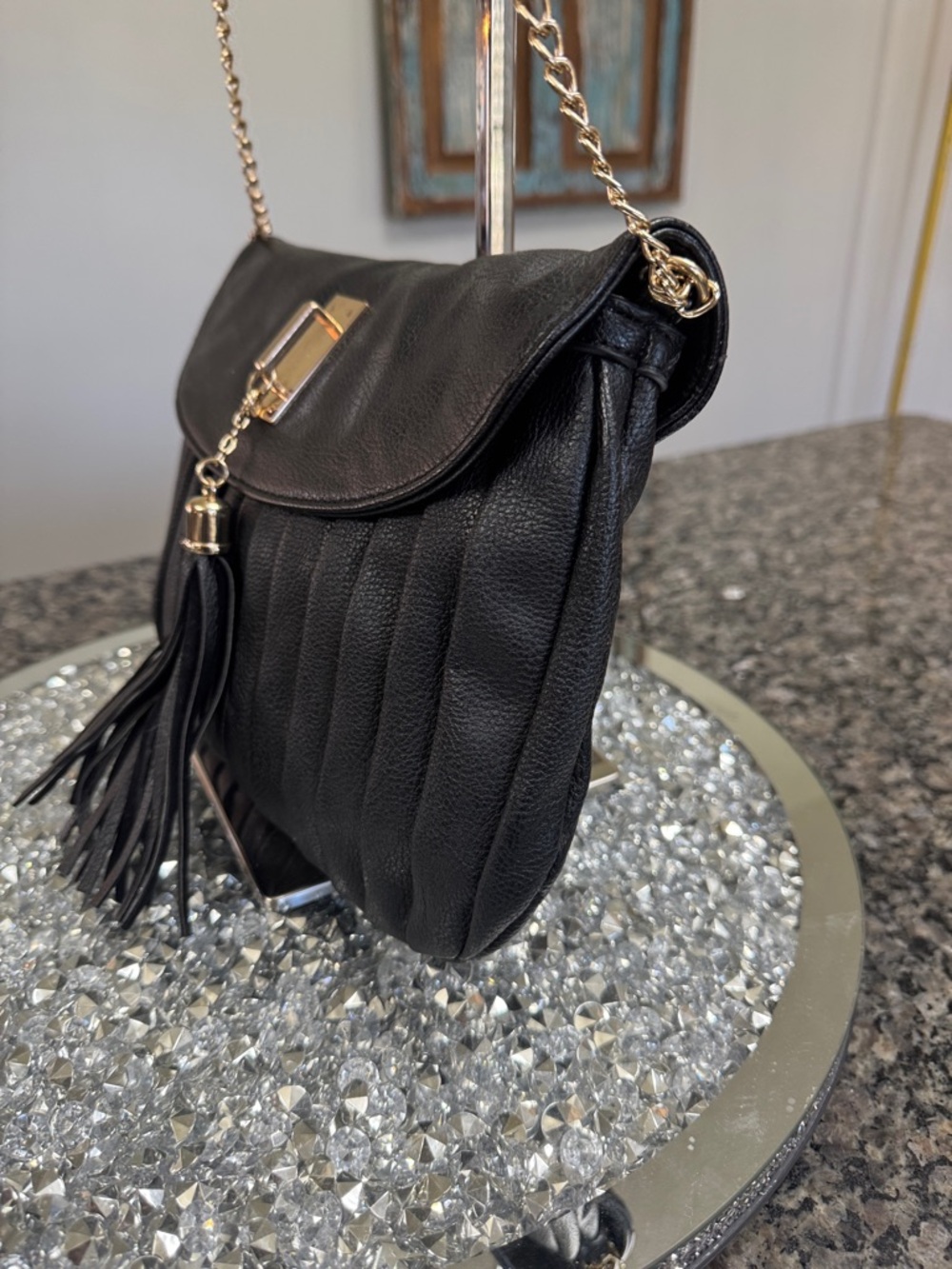 Mix No. 6 Black Pleated Crossbody Bag with Tassel and Gold crossbody Chain - Picture 3 of 10